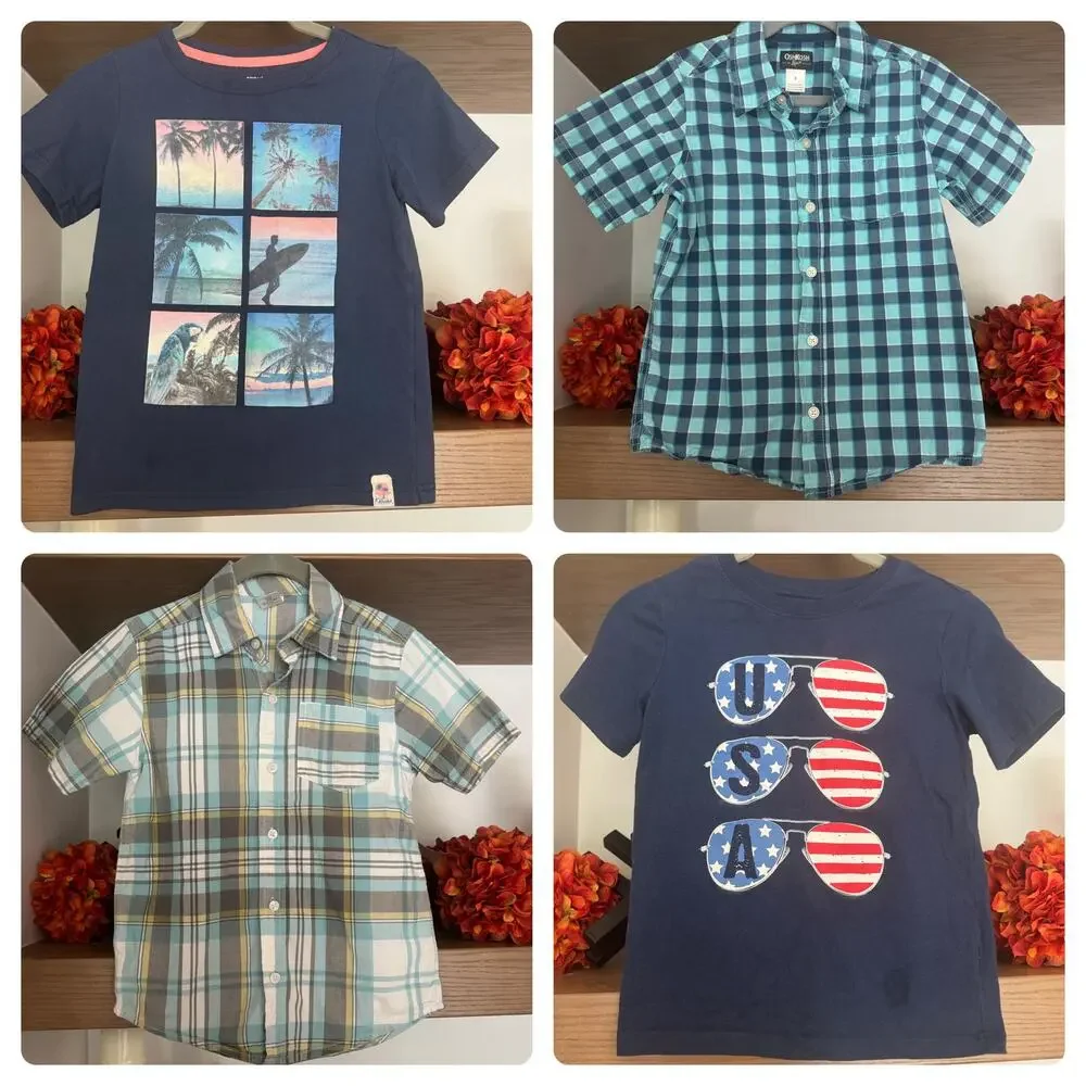 Boys Tee/Button Down Top Bundle: Plaid, Surfing, Patriotic